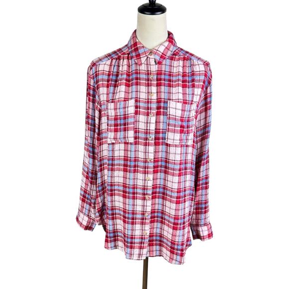 Anthropologie Pilcro Red Blue Pink Plaid Soft Knit Long Sleeve Button Up Shirt - Picture 1 of 11